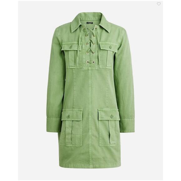 J. Crew Dress Womens Medium Green Harbor Drapey Cotton Lace Up Utility Collared - Picture 2 of 11